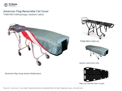 TITAN PRO S 650 cot package | American flag reversible cot cover | Seafoam Lattice. Flag-side reference first and largest, selected fabric face at right, and free size-matched slider. One cot, one cover and one slider.