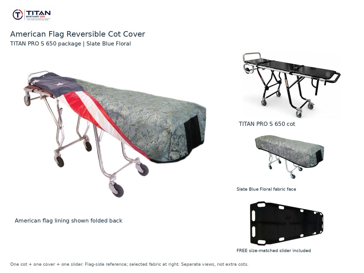 TITAN PRO S 650 cot package | American flag reversible cot cover | Slate Blue Floral. Flag-side reference first and largest, selected fabric face at right, and free size-matched slider. One cot, one cover and one slider.