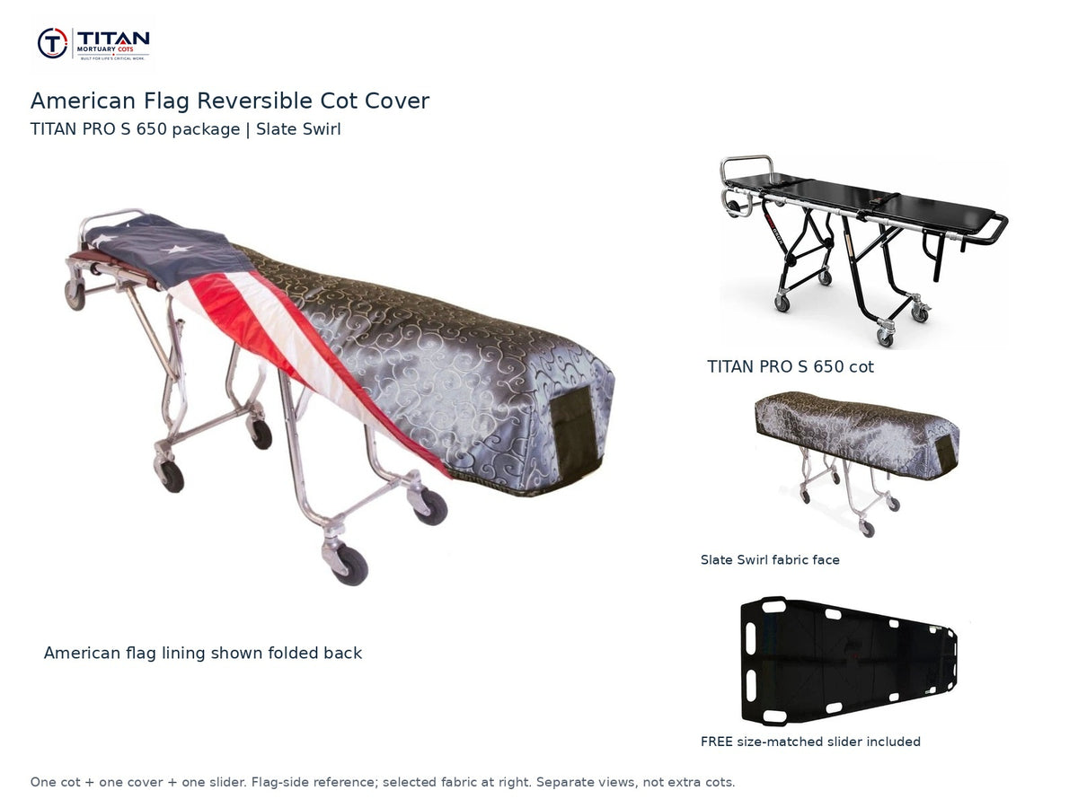 TITAN PRO S 650 cot package | American flag reversible cot cover | Slate Swirl. Flag-side reference first and largest, selected fabric face at right, and free size-matched slider. One cot, one cover and one slider.