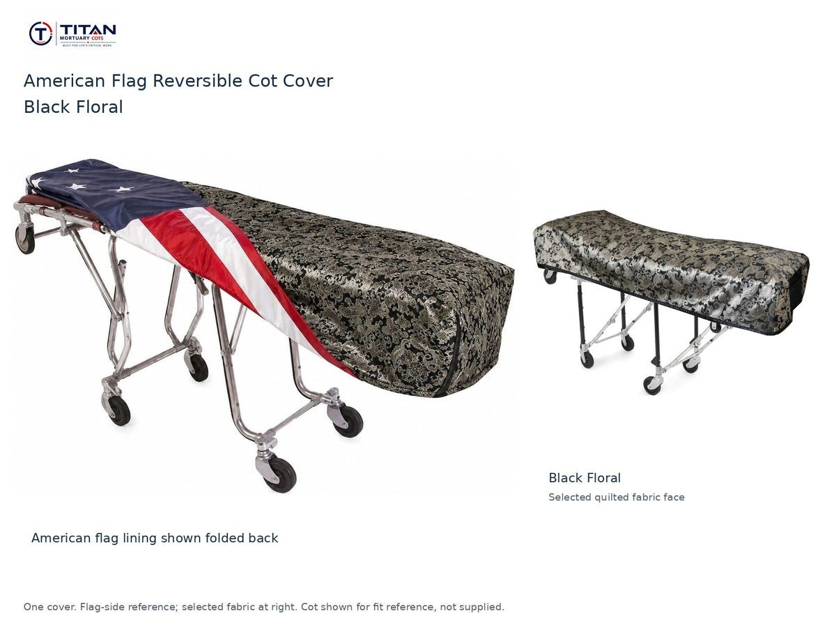 TITAN American flag reversible cot cover | Black Floral. American flag lining shown first, selected Black Floral quilted fabric face at right. Cot shown for reference, not included.