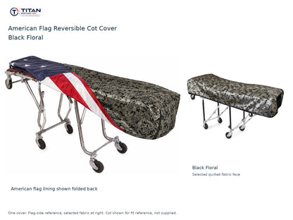 TITAN American flag reversible cot cover | Black Floral. American flag lining shown first, selected Black Floral quilted fabric face at right. Cot shown for reference, not included.