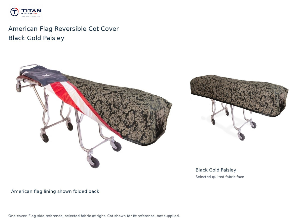 TITAN American flag reversible cot cover | Black Gold Paisley. American flag lining shown first, selected Black Gold Paisley quilted fabric face at right. Cot shown for reference, not included.