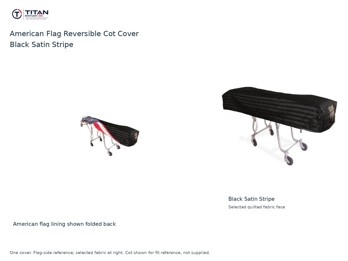 TITAN American flag reversible cot cover | Black Satin Stripe. American flag lining shown first, selected Black Satin Stripe quilted fabric face at right. Cot shown for reference, not included.