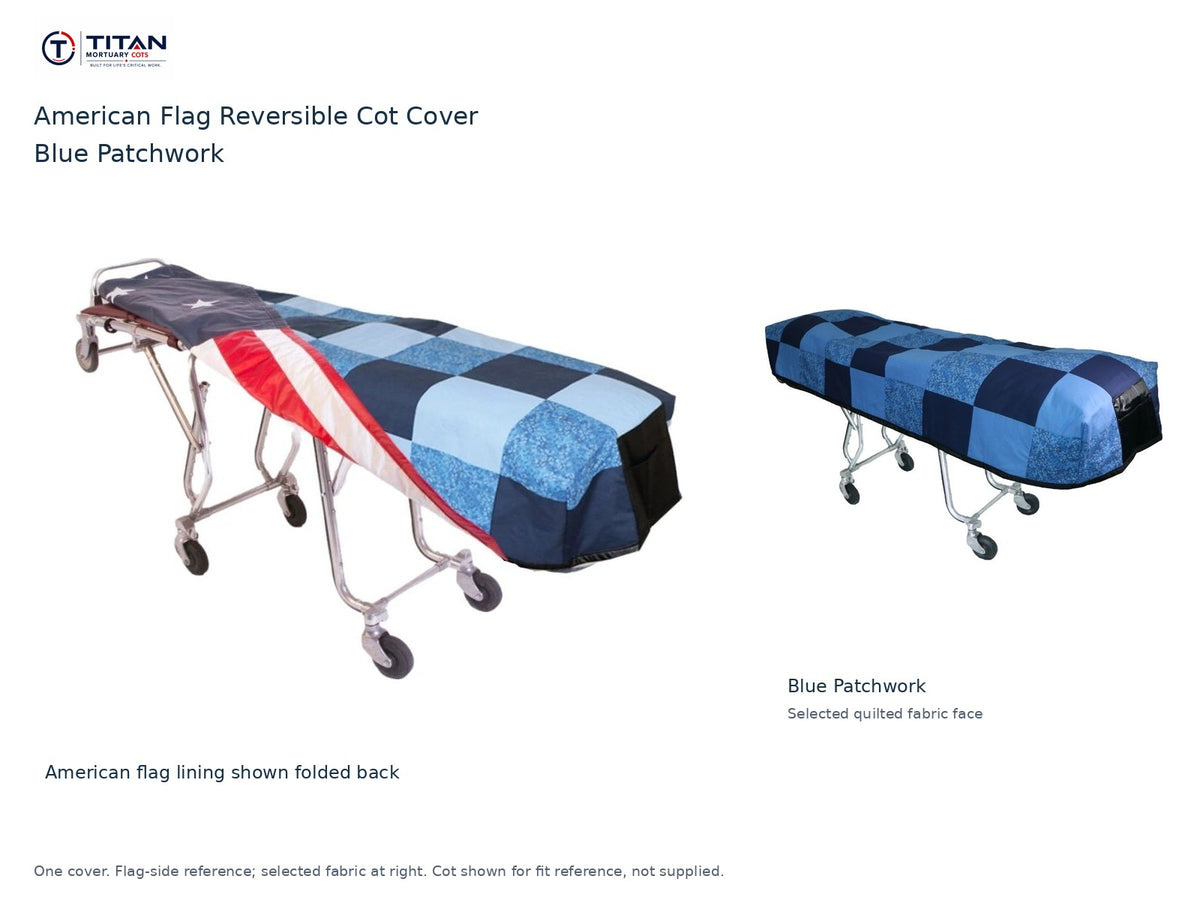 TITAN American flag reversible cot cover | Blue Patchwork. American flag lining shown first, selected Blue Patchwork quilted fabric face at right. Cot shown for reference, not included.