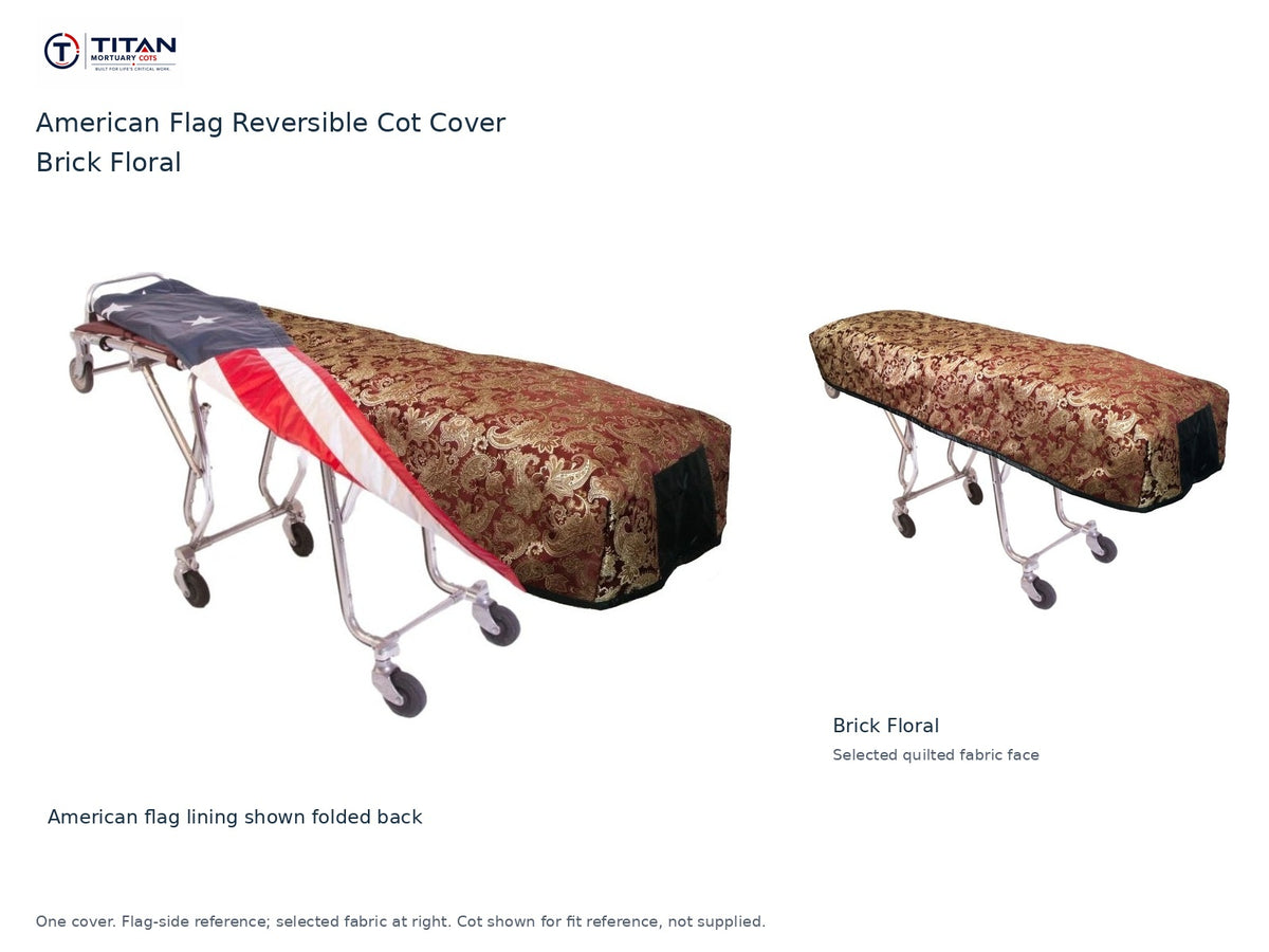 TITAN American flag reversible cot cover | Brick Floral. American flag lining shown first, selected Brick Floral quilted fabric face at right. Cot shown for reference, not included.