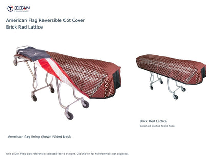 TITAN American flag reversible cot cover | Brick Red Lattice. American flag lining shown first, selected Brick Red Lattice quilted fabric face at right. Cot shown for reference, not included.