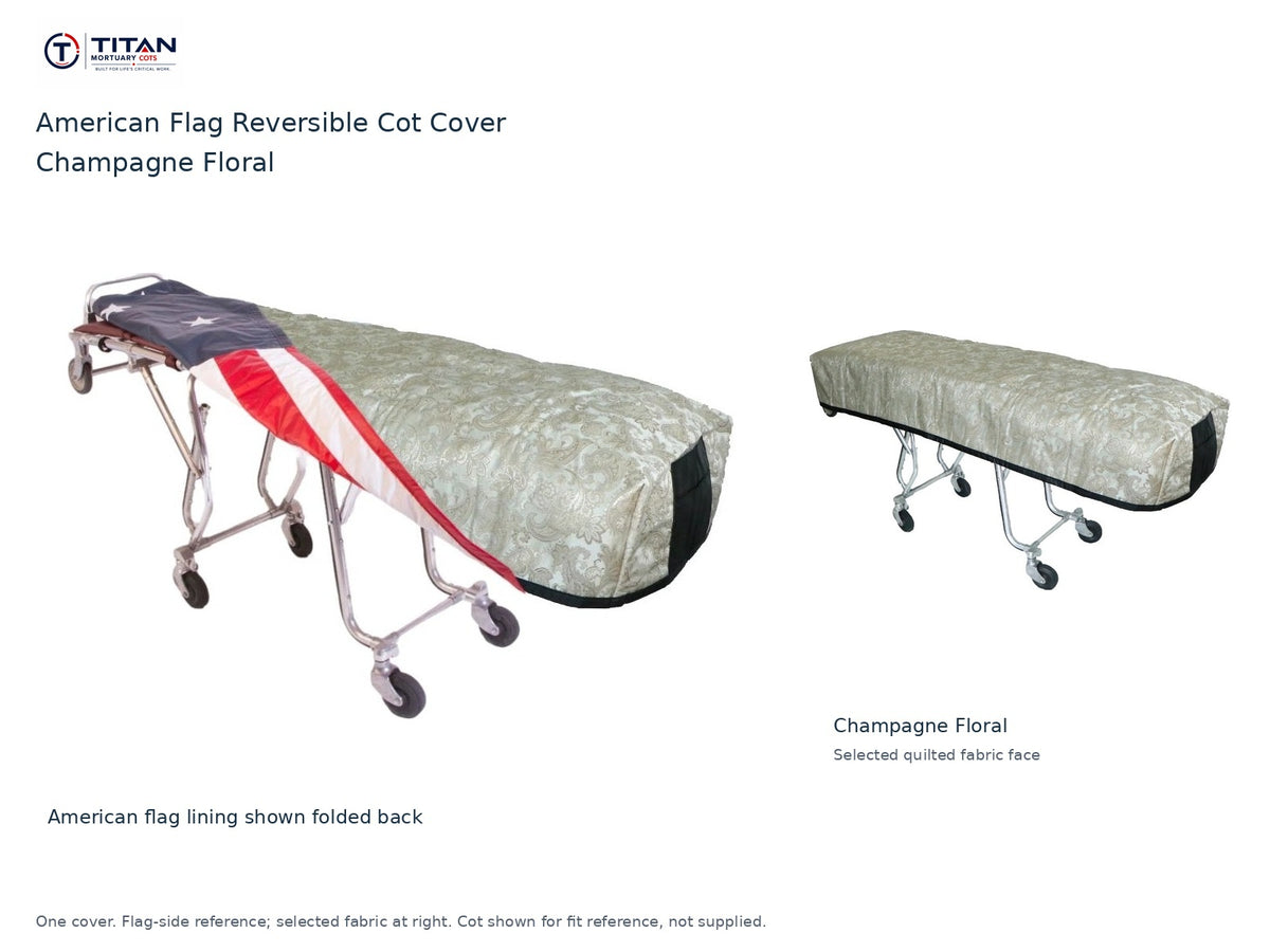 TITAN American flag reversible cot cover | Champagne Floral. American flag lining shown first, selected Champagne Floral quilted fabric face at right. Cot shown for reference, not included.