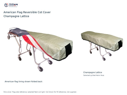 TITAN American flag reversible cot cover | Champagne Lattice. American flag lining shown first, selected Champagne Lattice quilted fabric face at right. Cot shown for reference, not included.