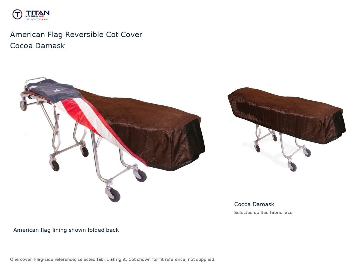TITAN American flag reversible cot cover | Cocoa Damask. American flag lining shown first, selected Cocoa Damask quilted fabric face at right. Cot shown for reference, not included.