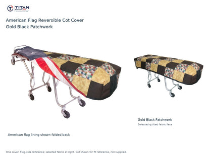 TITAN American flag reversible cot cover | Gold Black Patchwork. American flag lining shown first, selected Gold Black Patchwork quilted fabric face at right. Cot shown for reference, not included.