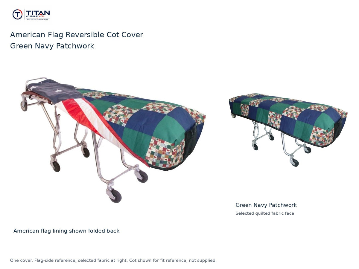 TITAN American flag reversible cot cover | Green Navy Patchwork. American flag lining shown first, selected Green Navy Patchwork quilted fabric face at right. Cot shown for reference, not included.