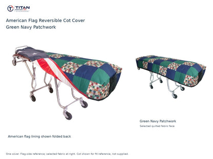 TITAN American flag reversible cot cover | Green Navy Patchwork. American flag lining shown first, selected Green Navy Patchwork quilted fabric face at right. Cot shown for reference, not included.