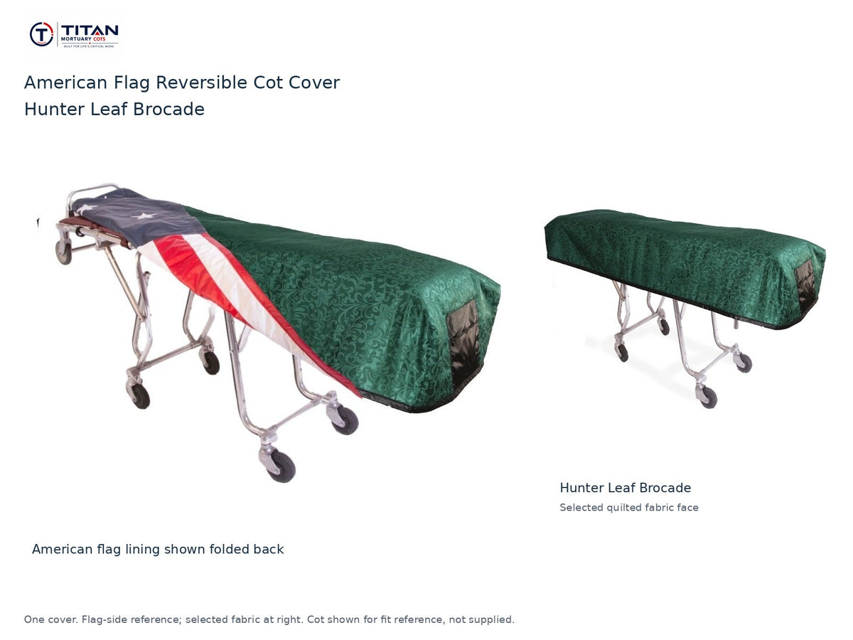 TITAN American flag reversible cot cover | Hunter Leaf Brocade. American flag lining shown first, selected Hunter Leaf Brocade quilted fabric face at right. Cot shown for reference, not included.