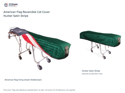 TITAN American flag reversible cot cover | Hunter Satin Stripe. American flag lining shown first, selected Hunter Satin Stripe quilted fabric face at right. Cot shown for reference, not included.