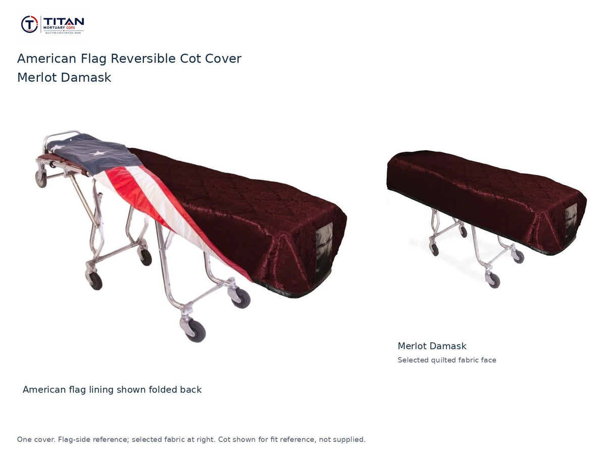 TITAN American flag reversible cot cover | Merlot Damask. American flag lining shown first, selected Merlot Damask quilted fabric face at right. Cot shown for reference, not included.