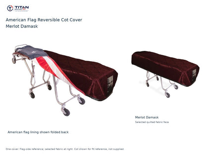 TITAN American flag reversible cot cover | Merlot Damask. American flag lining shown first, selected Merlot Damask quilted fabric face at right. Cot shown for reference, not included.