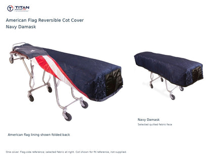 TITAN American flag reversible cot cover | Navy Damask. American flag lining shown first, selected Navy Damask quilted fabric face at right. Cot shown for reference, not included.