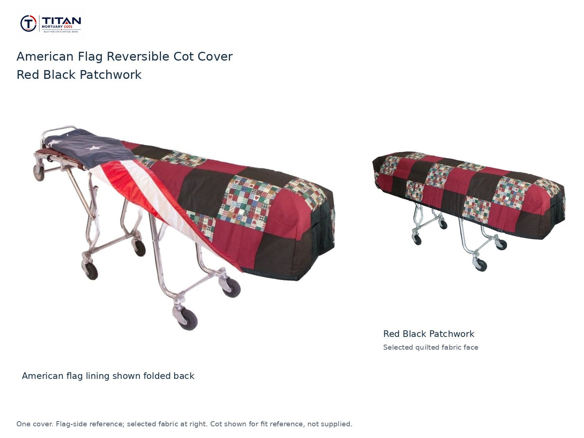 TITAN American flag reversible cot cover | Red Black Patchwork. American flag lining shown first, selected Red Black Patchwork quilted fabric face at right. Cot shown for reference, not included.