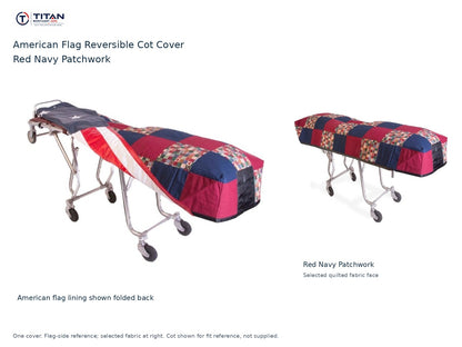 TITAN American flag reversible cot cover | Red Navy Patchwork. American flag lining shown first, selected Red Navy Patchwork quilted fabric face at right. Cot shown for reference, not included.