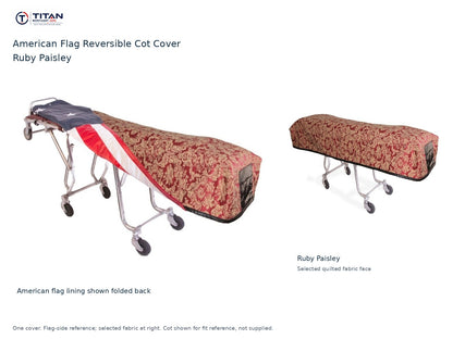 TITAN American flag reversible cot cover | Ruby Paisley. American flag lining shown first, selected Ruby Paisley quilted fabric face at right. Cot shown for reference, not included.