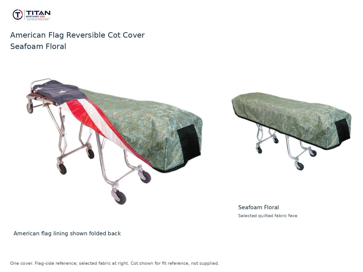 TITAN American flag reversible cot cover | Seafoam Floral. American flag lining shown first, selected Seafoam Floral quilted fabric face at right. Cot shown for reference, not included.
