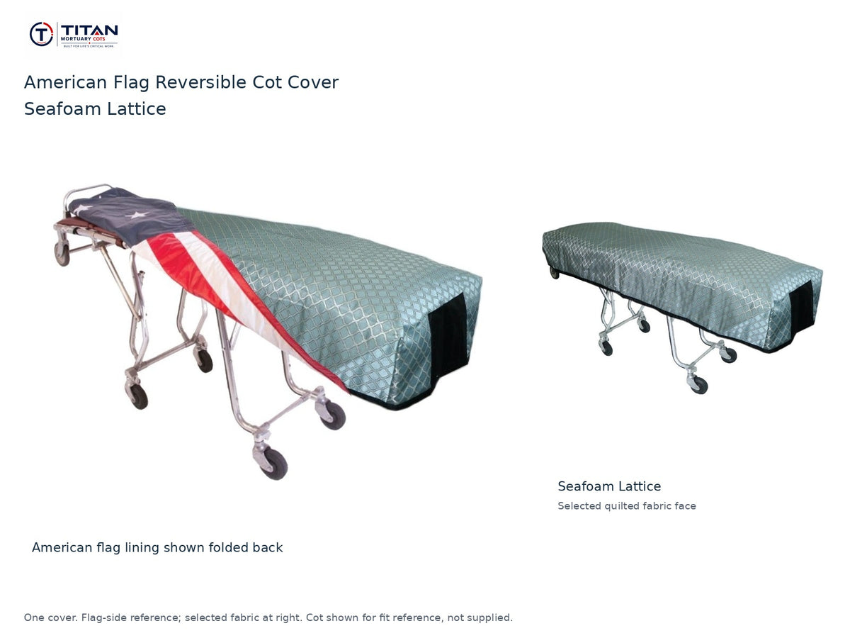 TITAN American flag reversible cot cover | Seafoam Lattice. American flag lining shown first, selected Seafoam Lattice quilted fabric face at right. Cot shown for reference, not included.