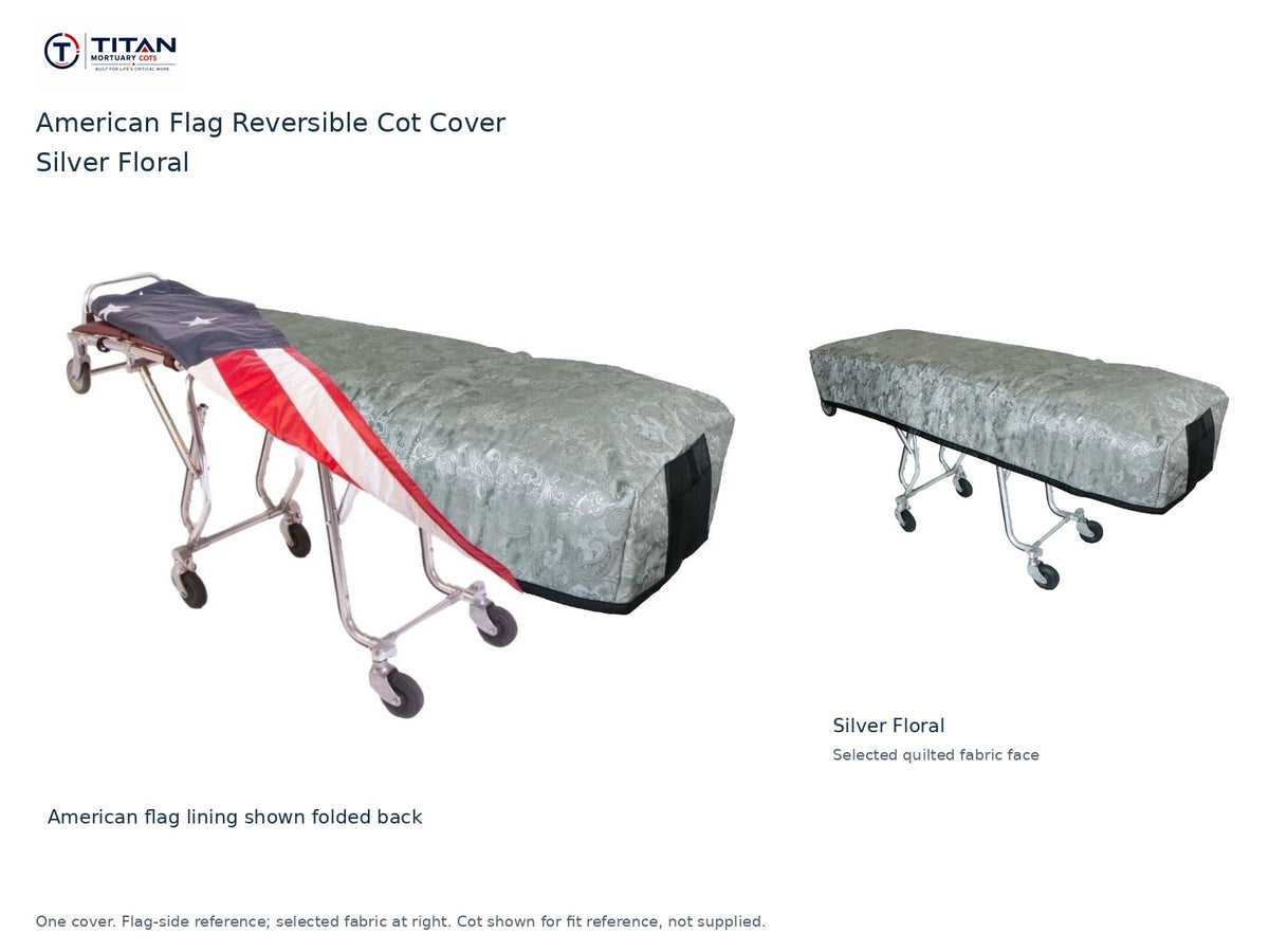 TITAN American flag reversible cot cover | Silver Floral. American flag lining shown first, selected Silver Floral quilted fabric face at right. Cot shown for reference, not included.