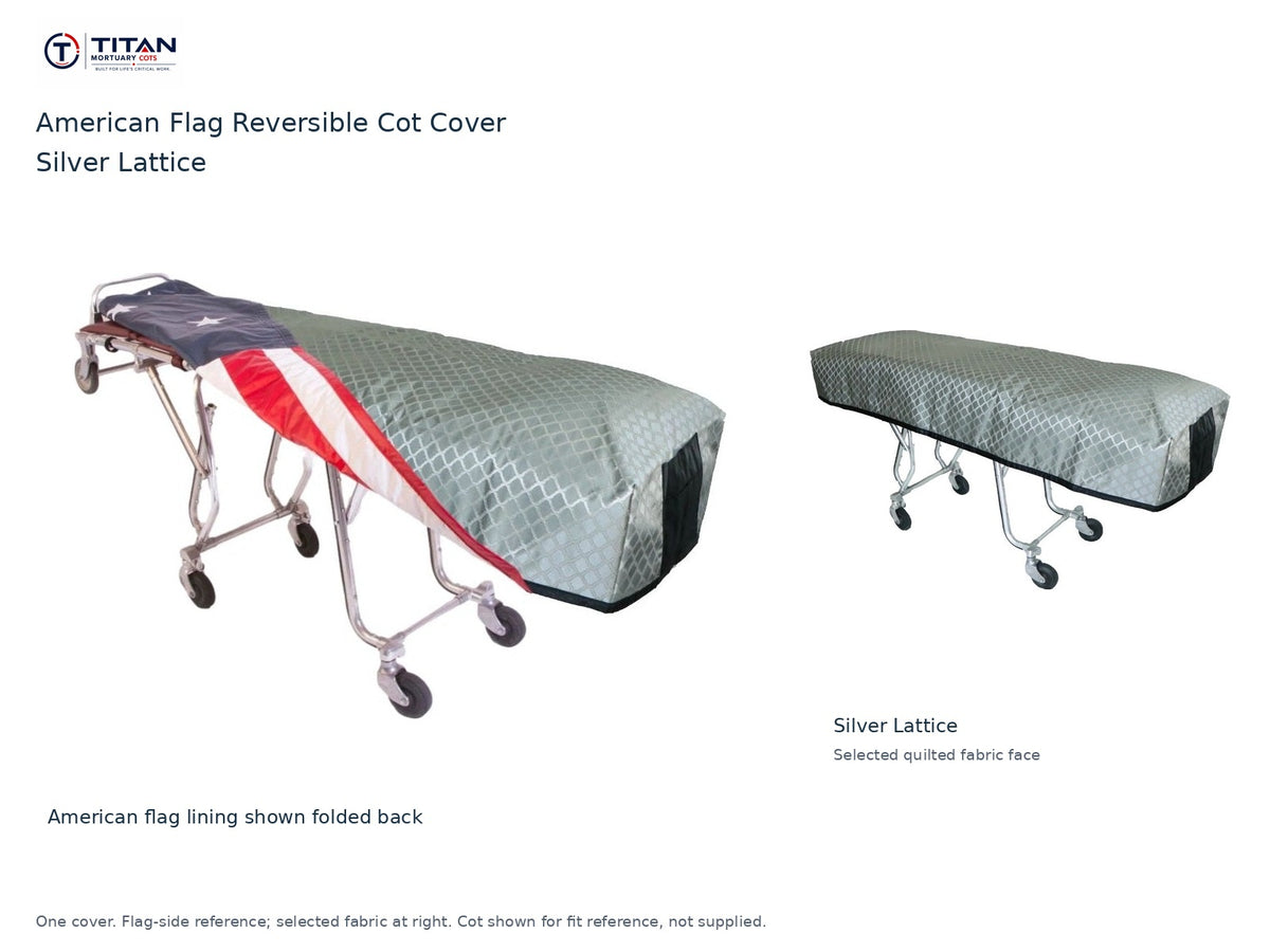 TITAN American flag reversible cot cover | Silver Lattice. American flag lining shown first, selected Silver Lattice quilted fabric face at right. Cot shown for reference, not included.
