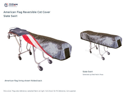 TITAN American flag reversible cot cover | Slate Swirl. American flag lining shown first, selected Slate Swirl quilted fabric face at right. Cot shown for reference, not included.