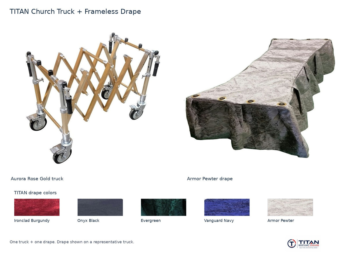 TITAN church truck package: Aurora Rose Gold folding casket truck and Armor Pewter frameless drape, with all five TITAN drape fabric swatches; one truck and one drape supplied