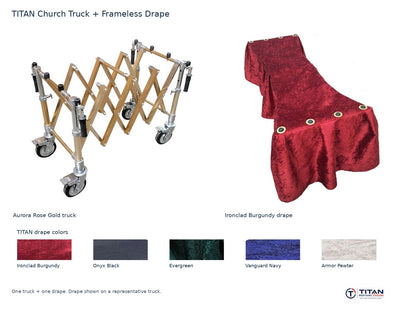 TITAN church truck package: Aurora Rose Gold folding casket truck and Ironclad Burgundy frameless drape, with all five TITAN drape fabric swatches; one truck and one drape supplied