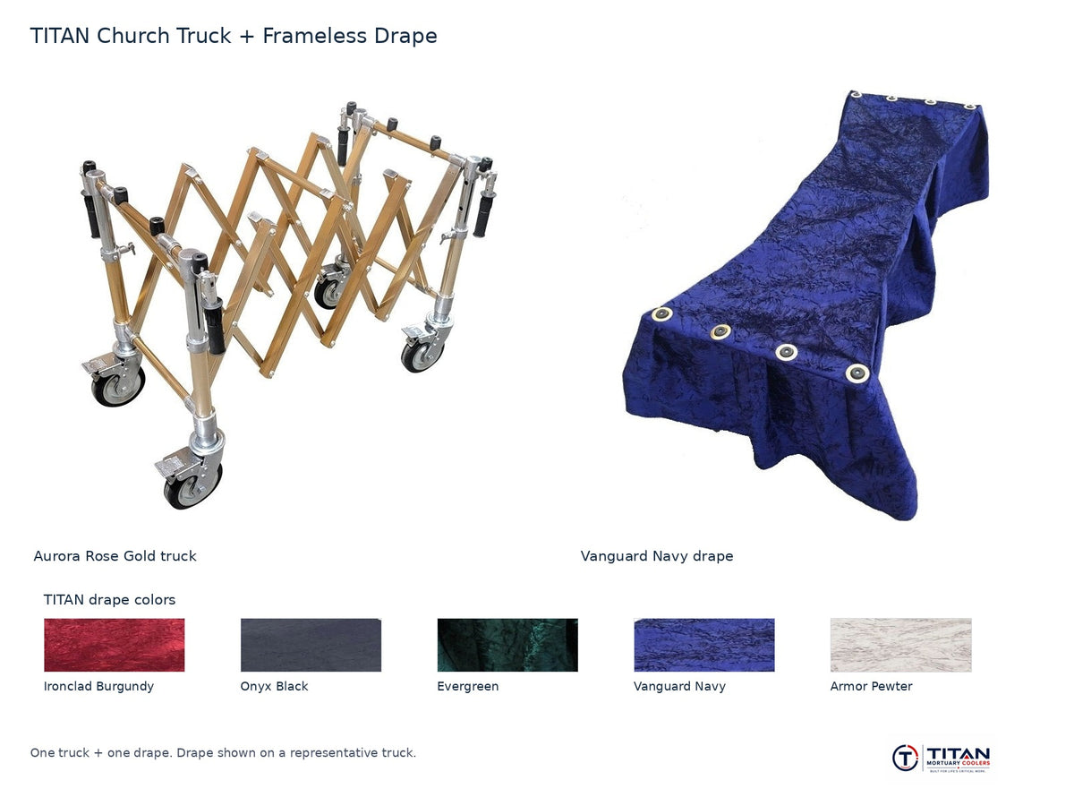 TITAN church truck package: Aurora Rose Gold folding casket truck and Vanguard Navy frameless drape, with all five TITAN drape fabric swatches; one truck and one drape supplied