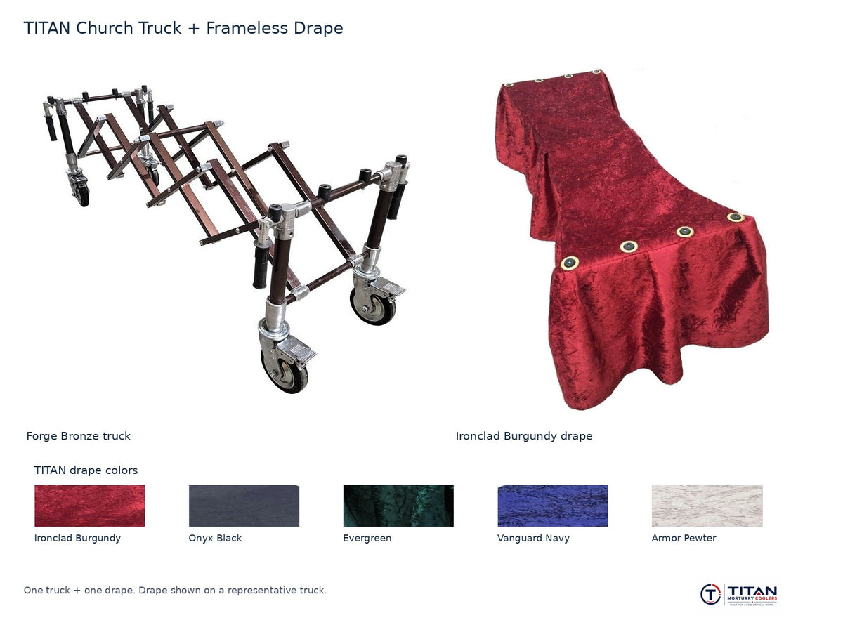 TITAN church truck package: Forge Bronze folding casket truck and Ironclad Burgundy frameless drape, with all five TITAN drape fabric swatches; one truck and one drape supplied