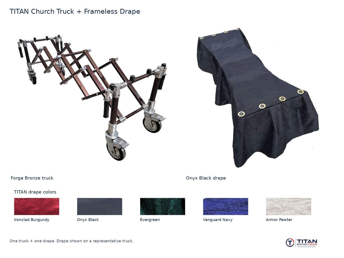 TITAN church truck package: Forge Bronze folding casket truck and Onyx Black frameless drape, with all five TITAN drape fabric swatches; one truck and one drape supplied