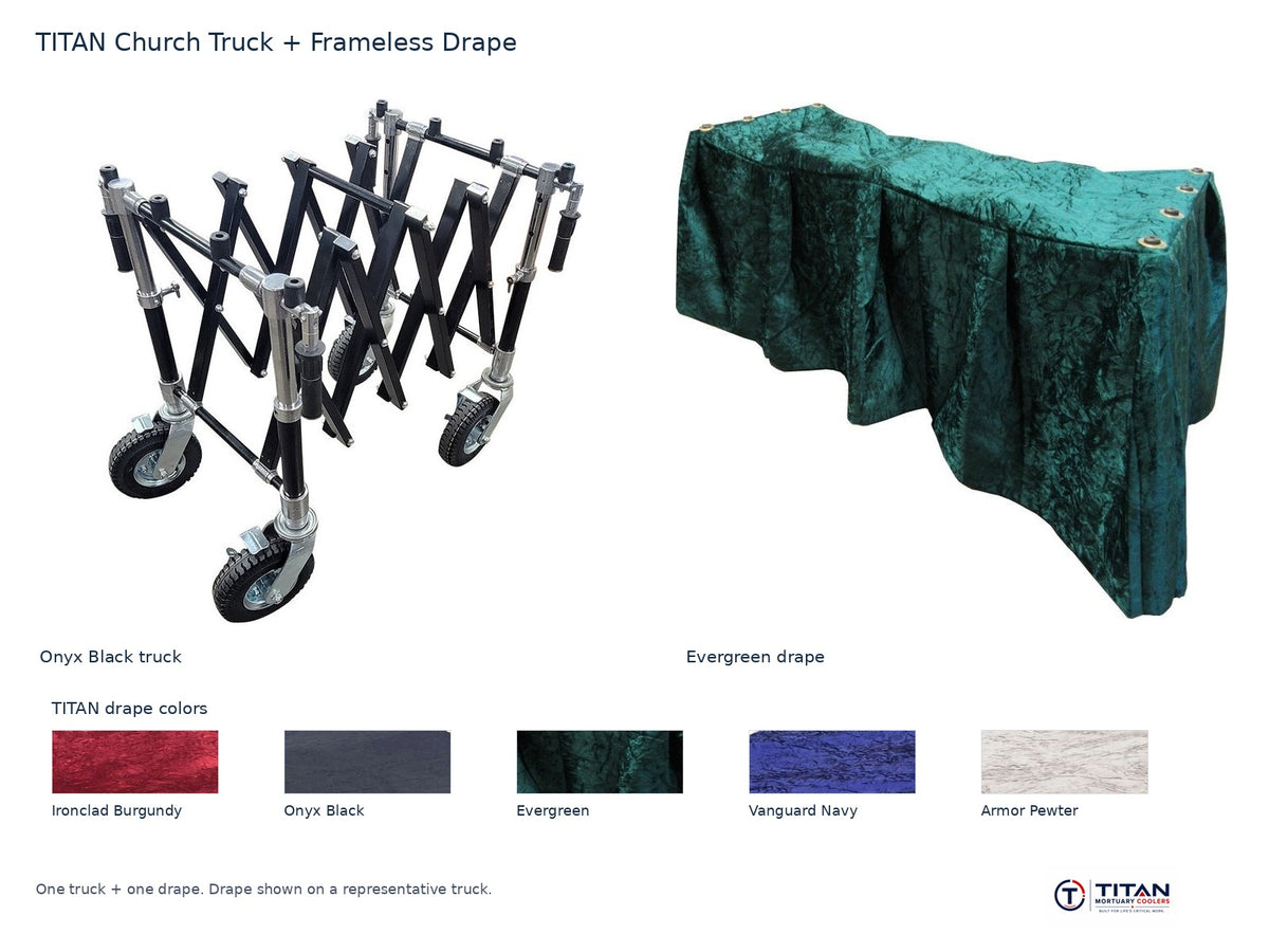 TITAN church truck package: Onyx Black folding casket truck and Evergreen frameless drape, with all five TITAN drape fabric swatches; one truck and one drape supplied