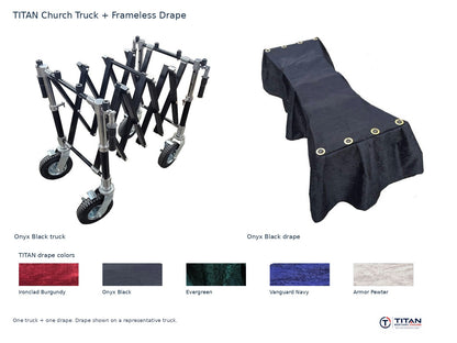TITAN church truck package: Onyx Black folding casket truck and Onyx Black frameless drape, with all five TITAN drape fabric swatches; one truck and one drape supplied