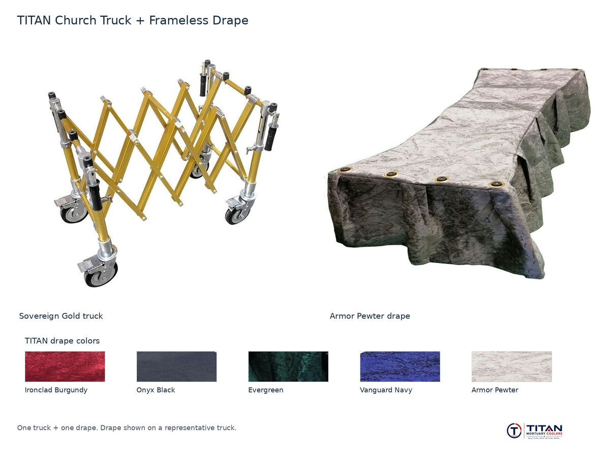 TITAN church truck package: Sovereign Gold folding casket truck and Armor Pewter frameless drape, with all five TITAN drape fabric swatches; one truck and one drape supplied