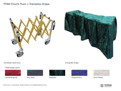 TITAN church truck package: Sovereign Gold folding casket truck and Evergreen frameless drape, with all five TITAN drape fabric swatches; one truck and one drape supplied