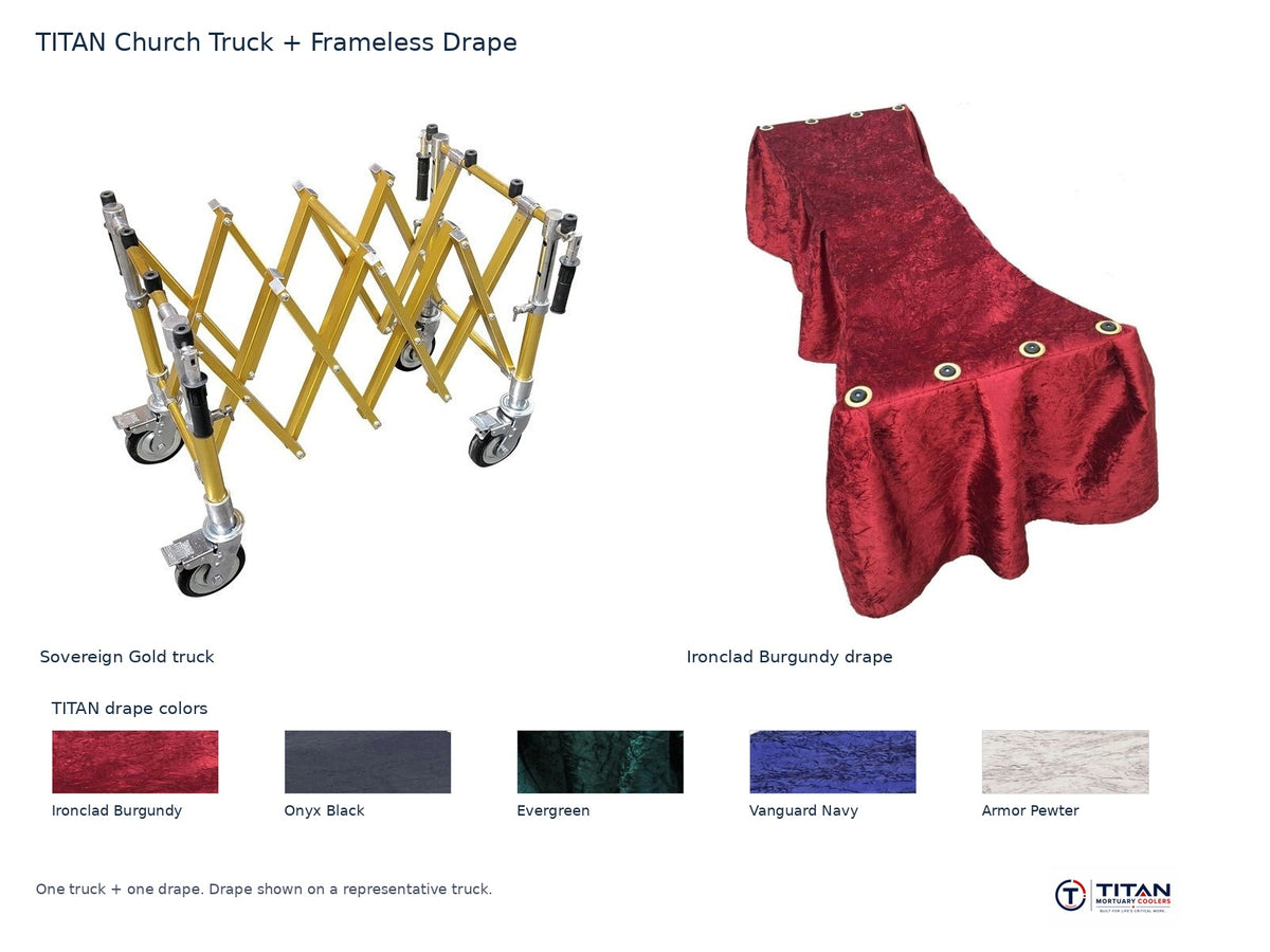 TITAN church truck package: Sovereign Gold folding casket truck and Ironclad Burgundy frameless drape, with all five TITAN drape fabric swatches; one truck and one drape supplied