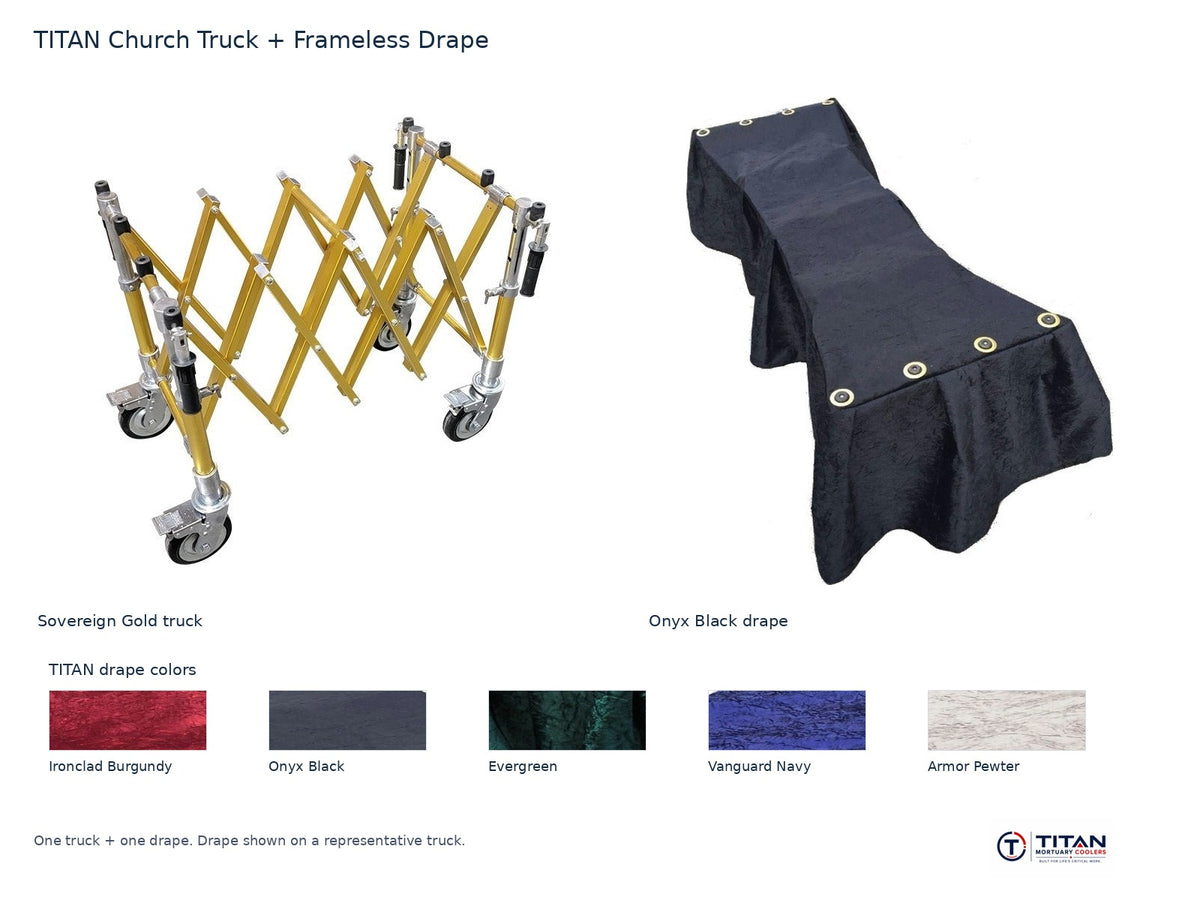 TITAN church truck package: Sovereign Gold folding casket truck and Onyx Black frameless drape, with all five TITAN drape fabric swatches; one truck and one drape supplied