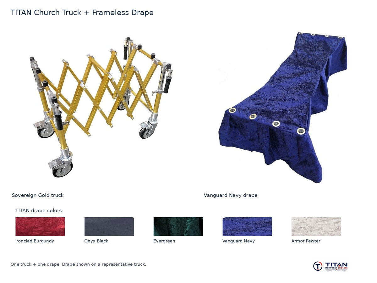 TITAN church truck package: Sovereign Gold folding casket truck and Vanguard Navy frameless drape, with all five TITAN drape fabric swatches; one truck and one drape supplied