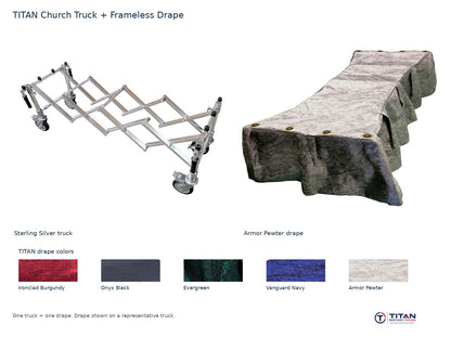 TITAN church truck package: Sterling Silver folding casket truck and Armor Pewter frameless drape, with all five TITAN drape fabric swatches; one truck and one drape supplied