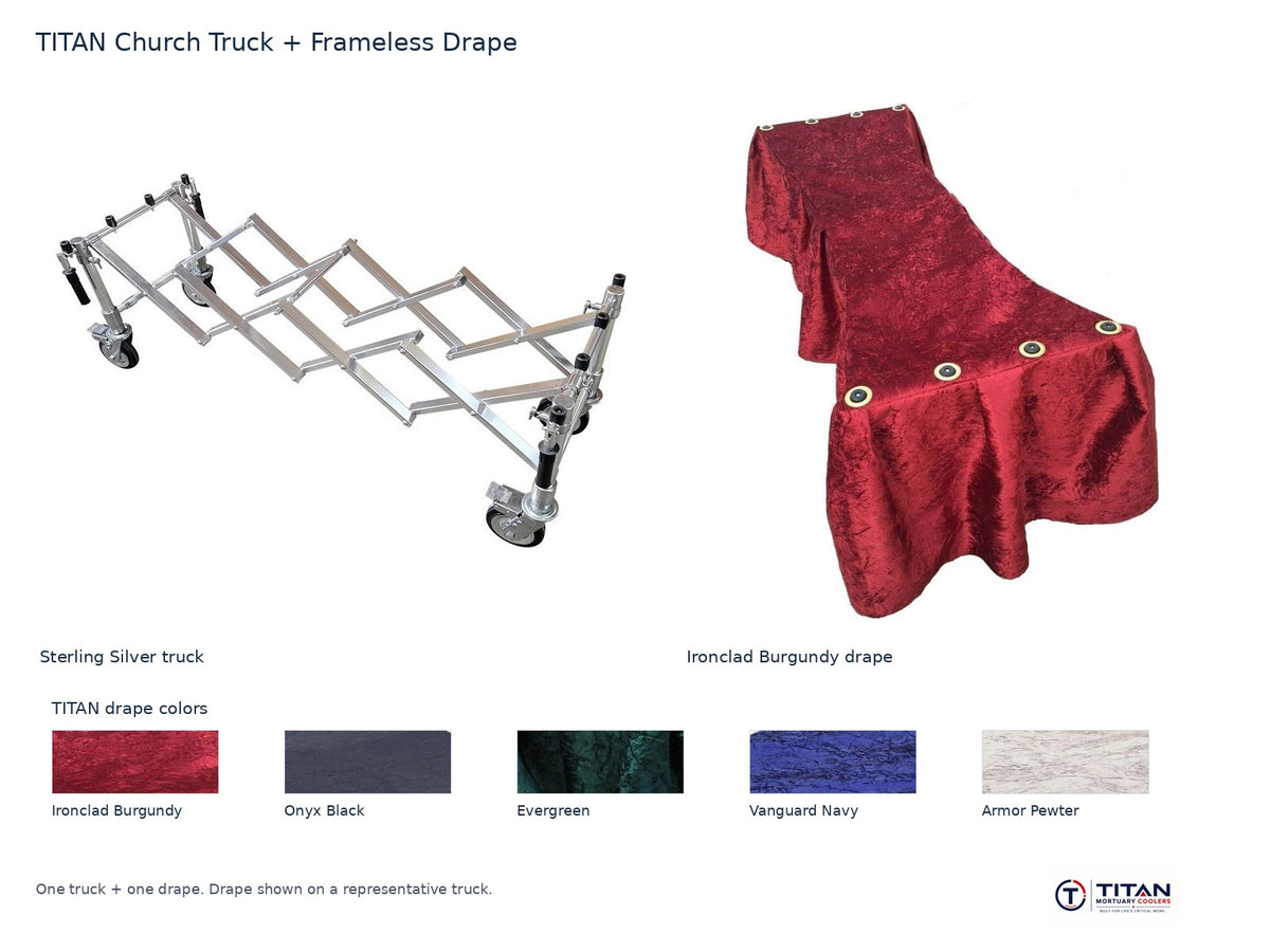 TITAN church truck package: Sterling Silver folding casket truck and Ironclad Burgundy frameless drape, with all five TITAN drape fabric swatches; one truck and one drape supplied