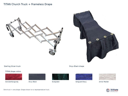 TITAN church truck package: Sterling Silver folding casket truck and Onyx Black frameless drape, with all five TITAN drape fabric swatches; one truck and one drape supplied