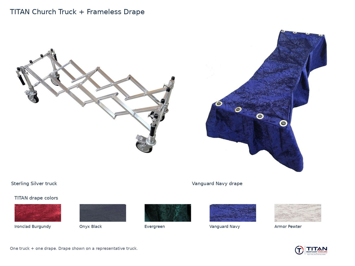 TITAN church truck package: Sterling Silver folding casket truck and Vanguard Navy frameless drape, with all five TITAN drape fabric swatches; one truck and one drape supplied