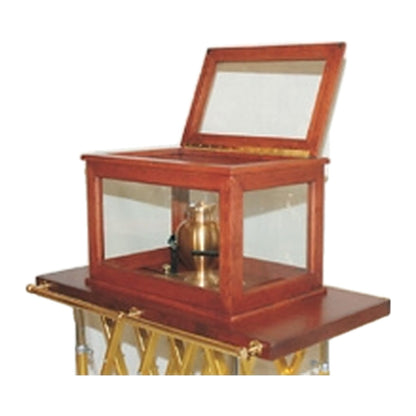 Hinged top access door open on the TITAN urn display cabinet