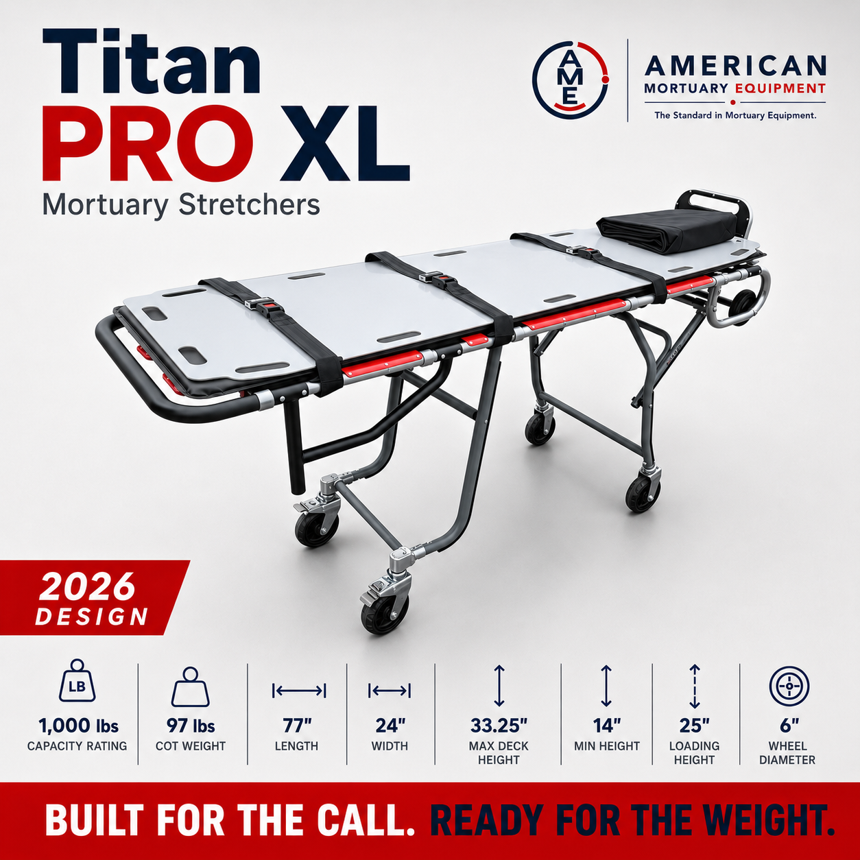 TITAN PRO XL mortuary cot with extra-wide 24-inch deck, 1,000 lb single-operator first call stretcher