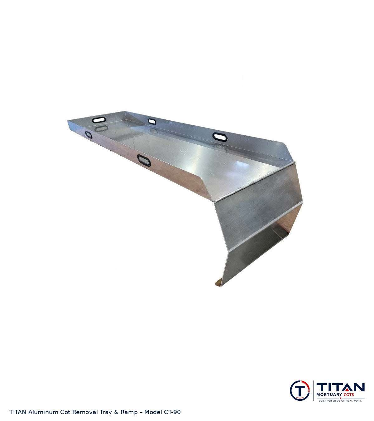 TITAN standard single-cot loading tray with fold-down ramp on a clean white background