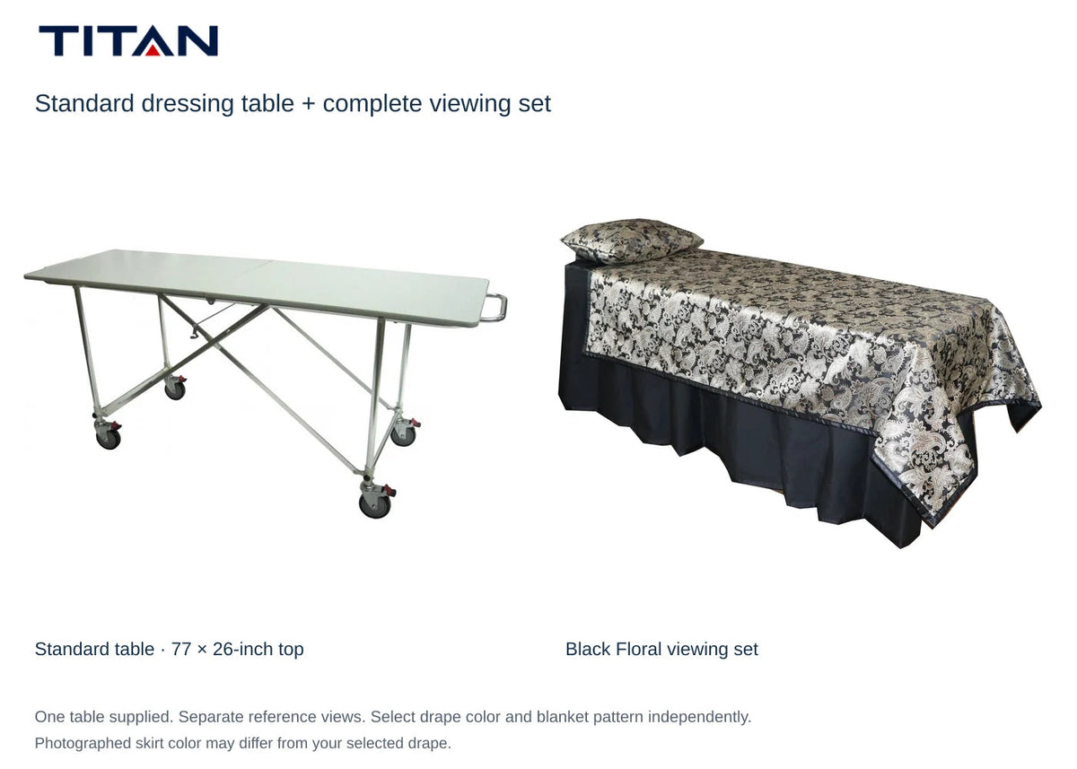 TITAN Standard dressing table and Black Floral viewing set, separate reference views. One table included. Select drape color independently; photographed skirt may differ.