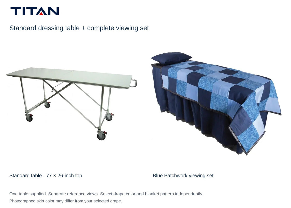 TITAN Standard dressing table and Blue Patchwork viewing set, separate reference views. One table included. Select drape color independently; photographed skirt may differ.